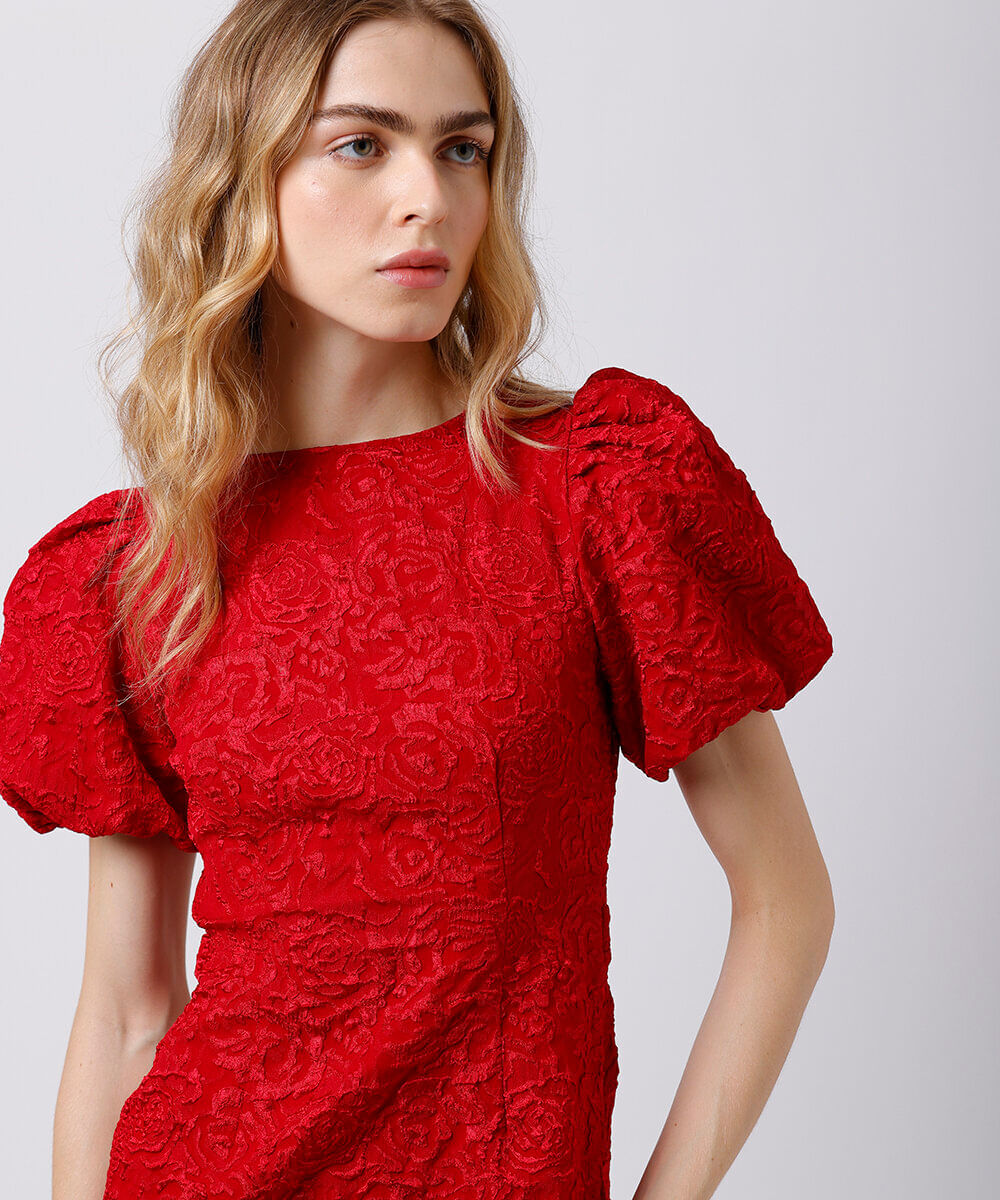 vestido curto feminino de jacquard manga bufante floral mindset vermelho