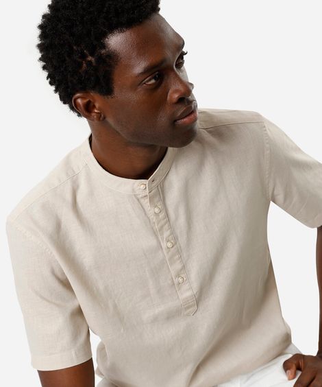 bata masculina de linho e algodão manga curta bege