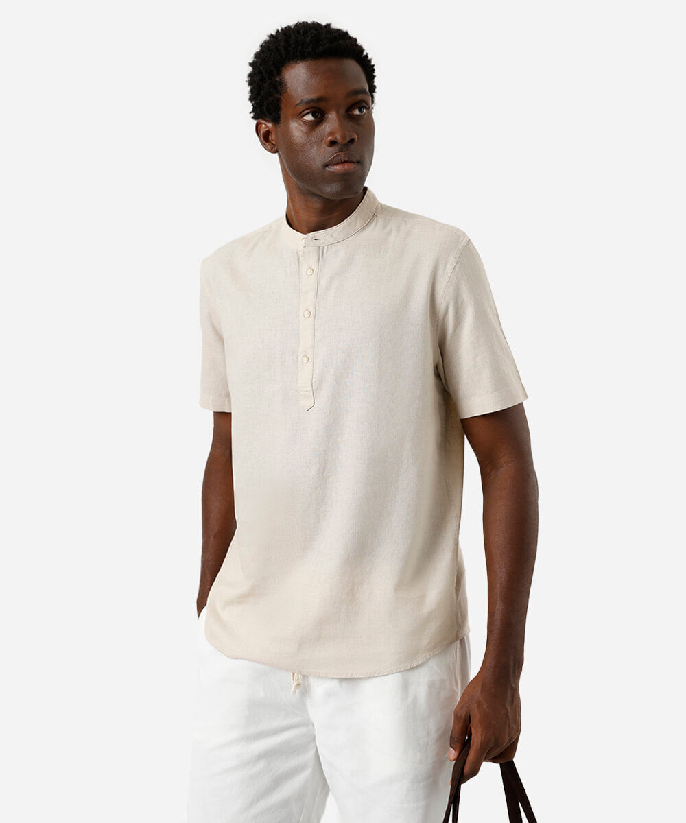bata masculina de linho e algodão manga curta bege