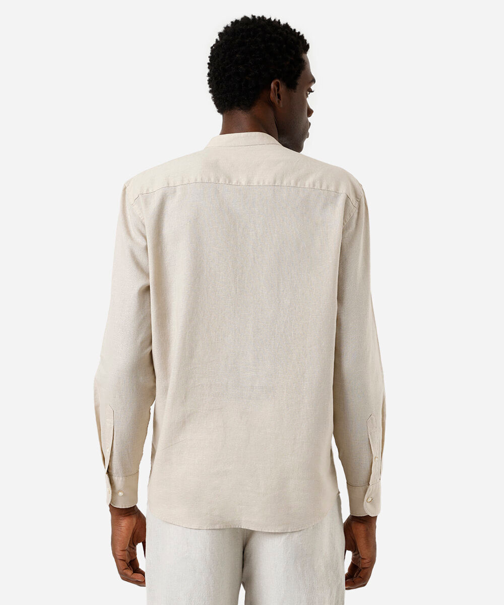 bata masculina de linho e algodão manga longa bege