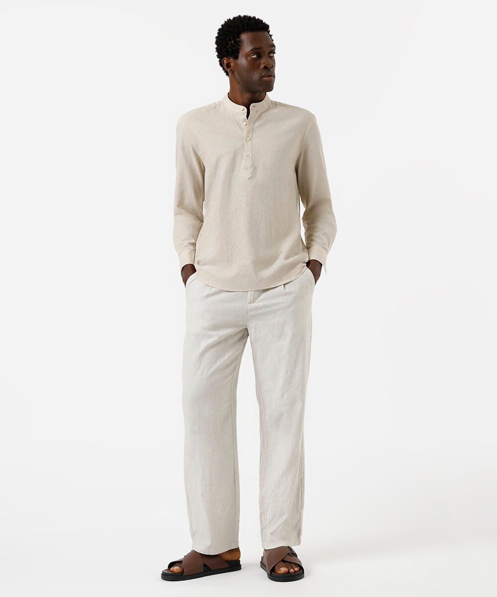 bata masculina de linho e algodão manga longa bege