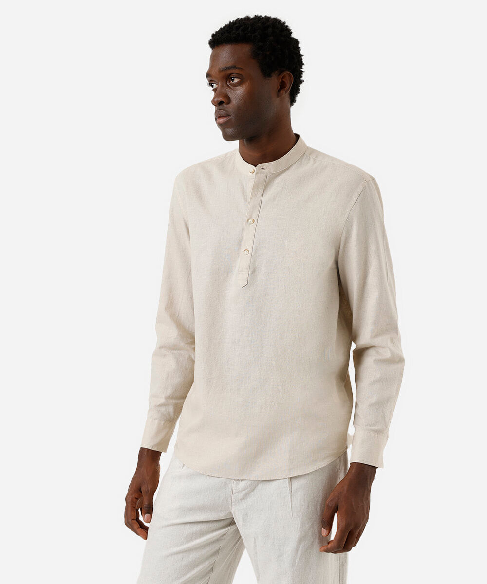 bata masculina de linho e algodão manga longa bege