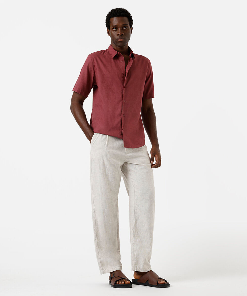 camisa comfort masculina com linho manga curta - rosa escuro