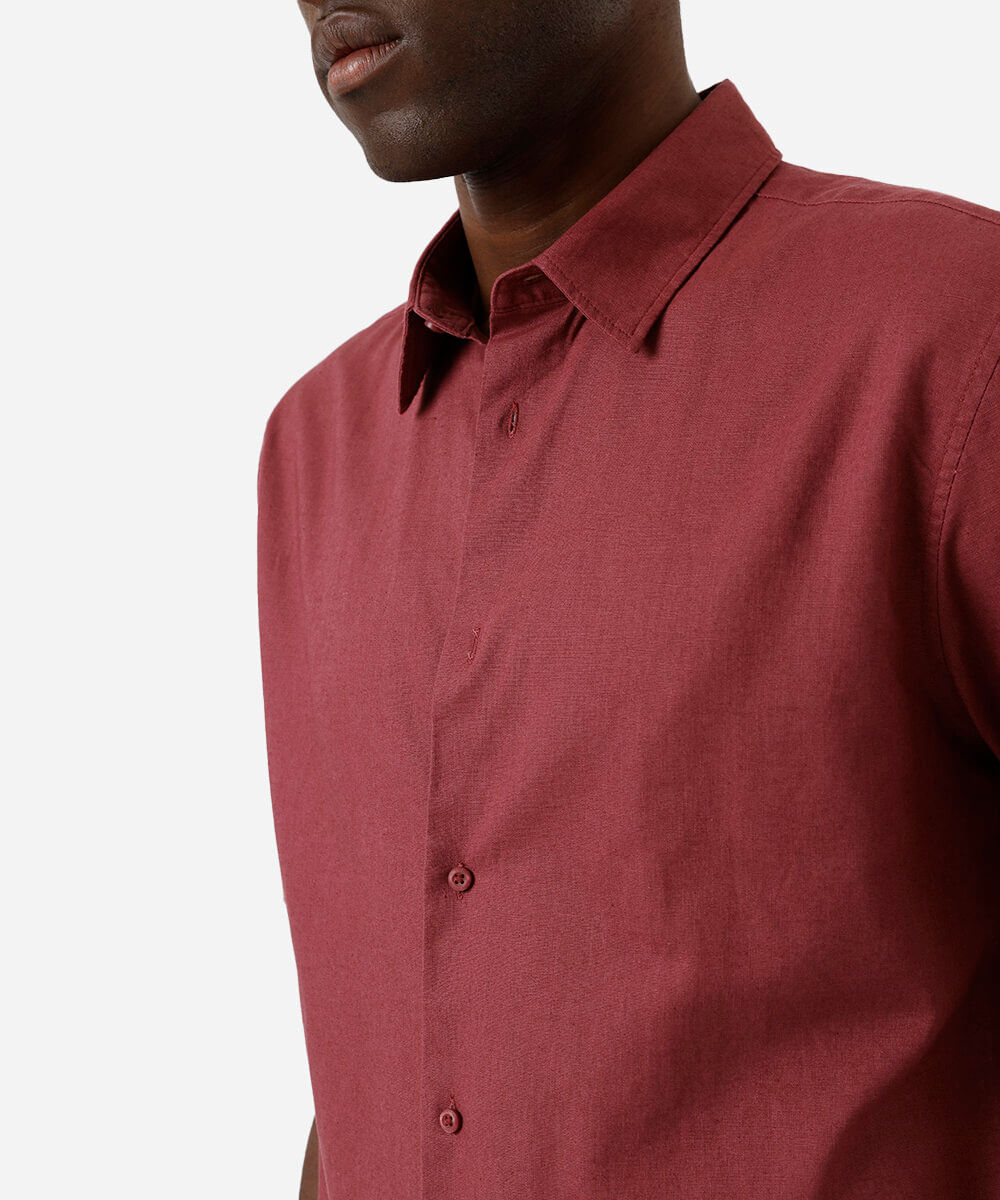 camisa comfort masculina com linho manga curta - rosa escuro