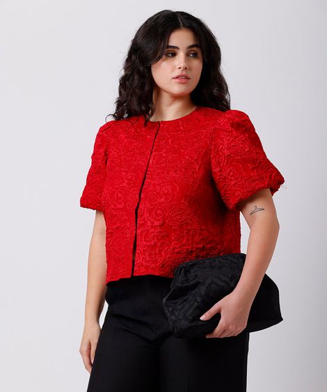 blusa feminina manga bufante texturizada mindset plus size vermelha