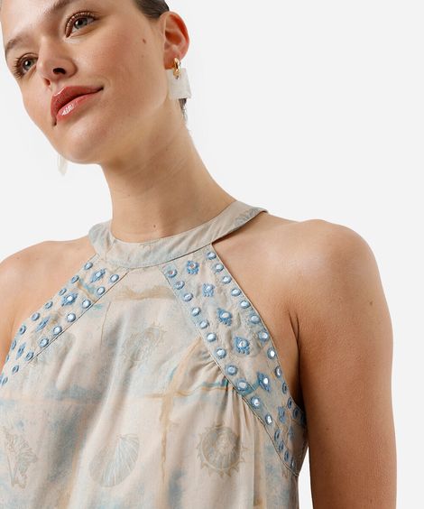 vestido longo feminino com bordado estampado bege