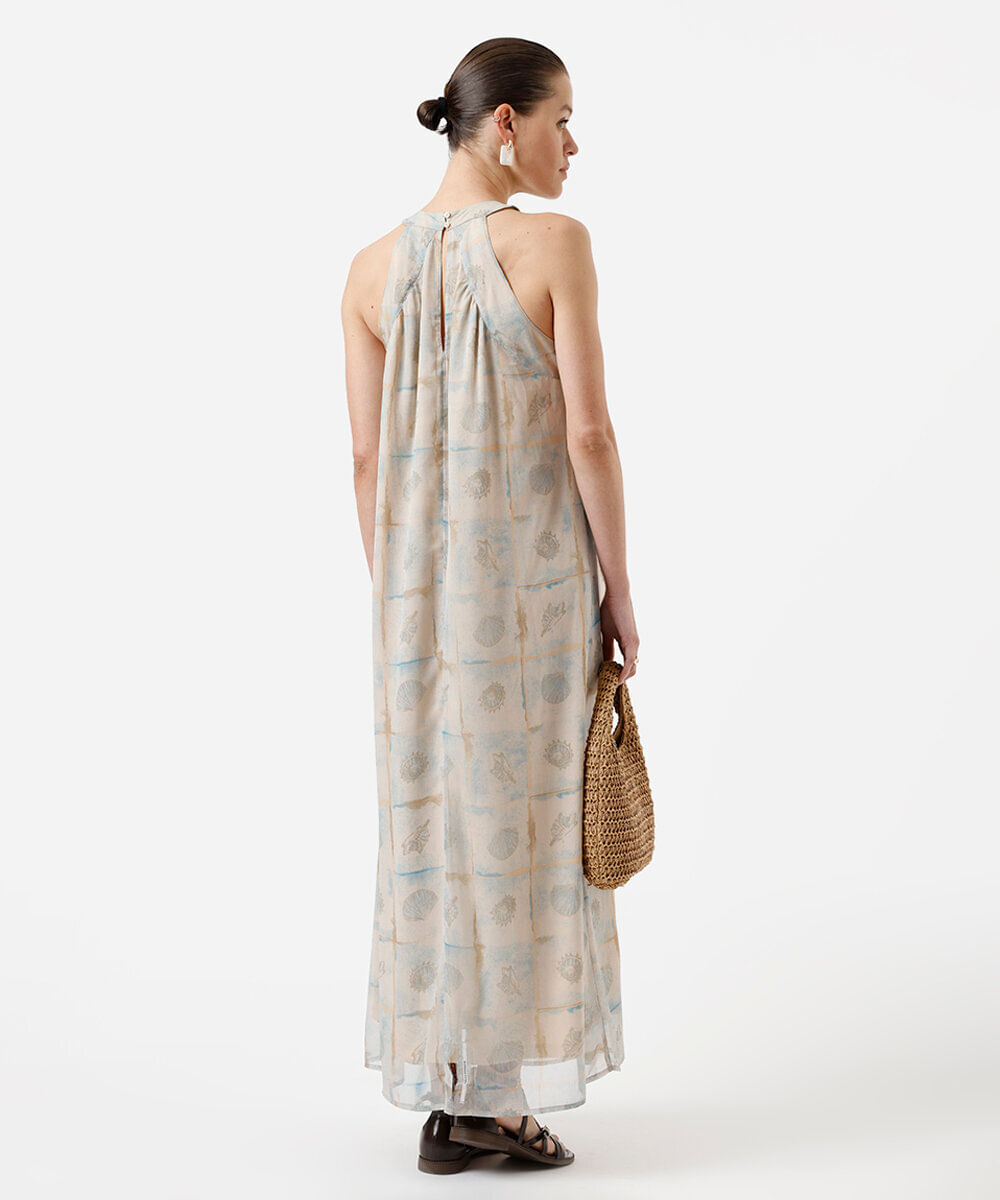 vestido longo feminino com bordado estampado bege