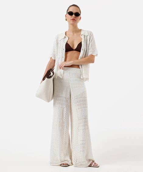 calça pantalona de tricot floral texturizada off white