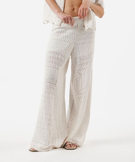 calça pantalona de tricot floral texturizada off white
