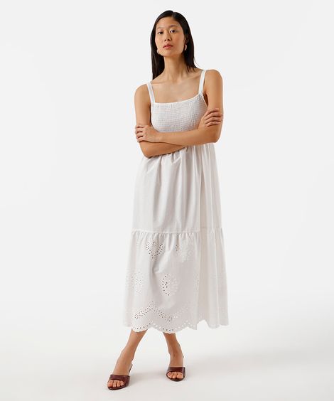 vestido midi alça fina feminino de algodão com recorte bordado off white