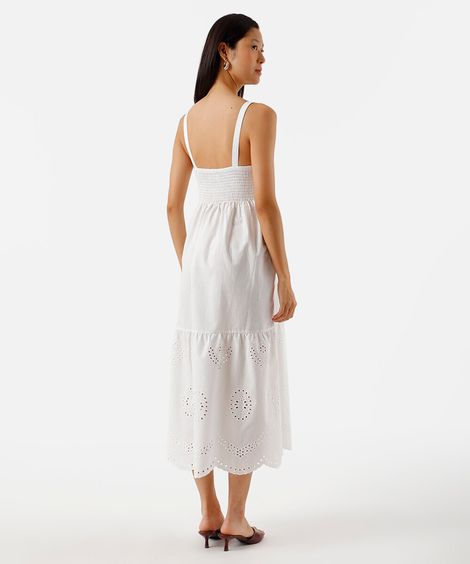 vestido midi alça fina feminino de algodão com recorte bordado off white