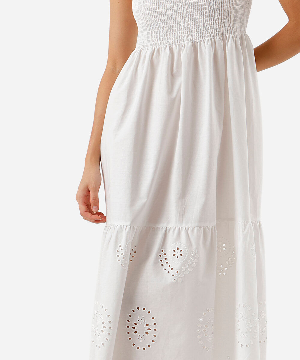 vestido midi alça fina feminino de algodão com recorte bordado off white