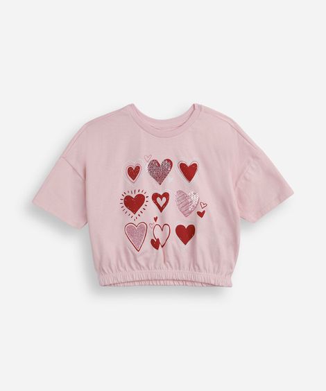 camiseta infantil de algodão com corações e paetês rosa