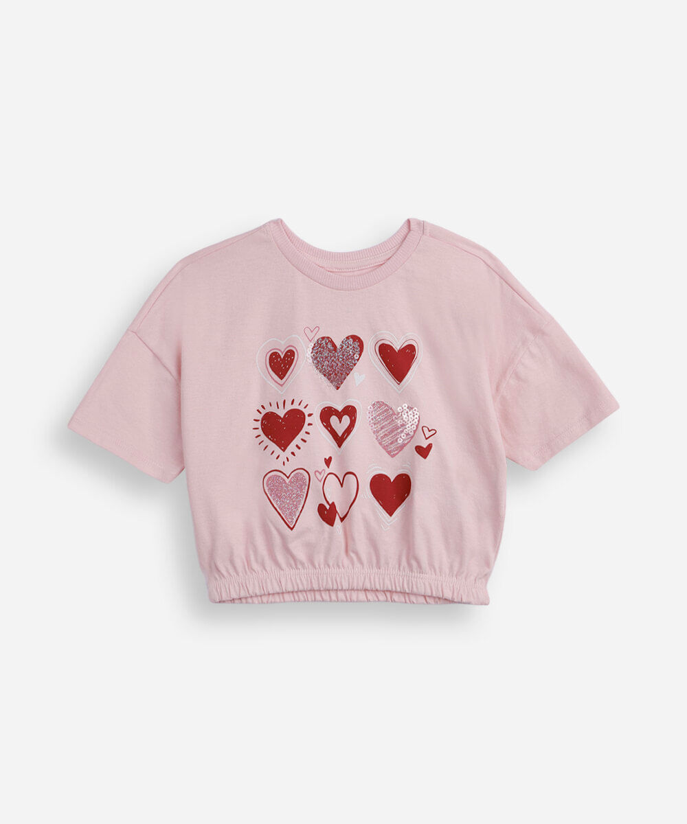 camiseta infantil de algodão com corações e paetês rosa
