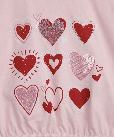 camiseta infantil de algodão com corações e paetês rosa