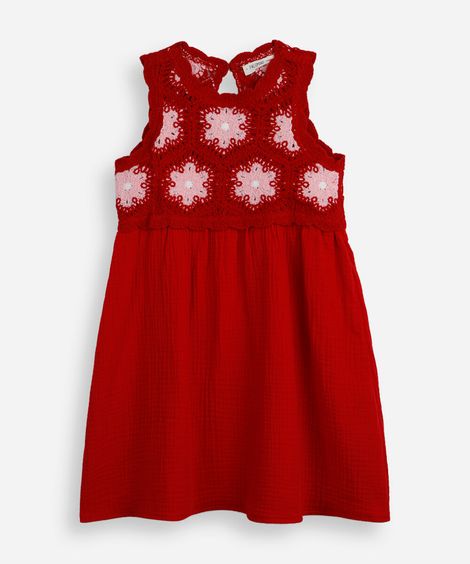 vestido evasê infantil com crochê floral vermelho