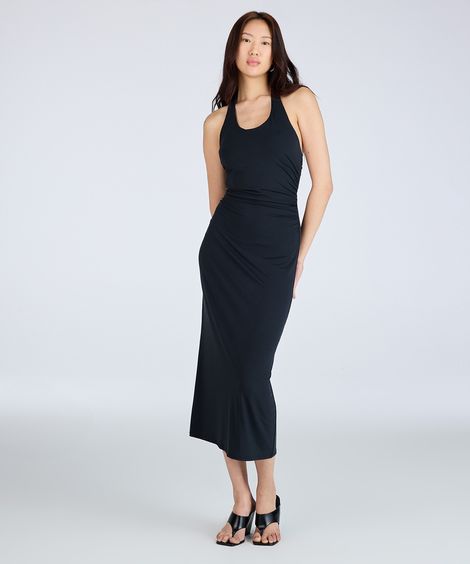 vestido midi frente única feminino franzido preto