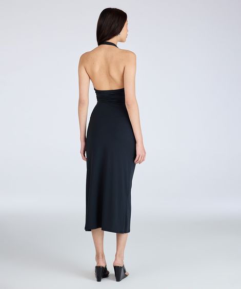 vestido midi frente única feminino franzido preto