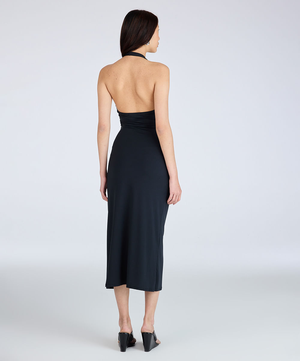 vestido midi frente única feminino franzido preto