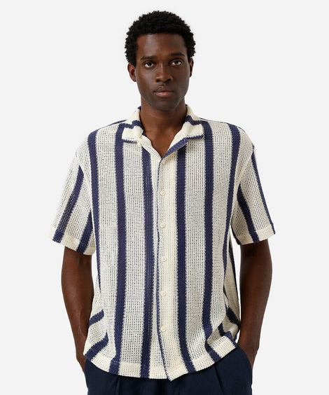 camisa masculina de tricot manga curta listrada off white