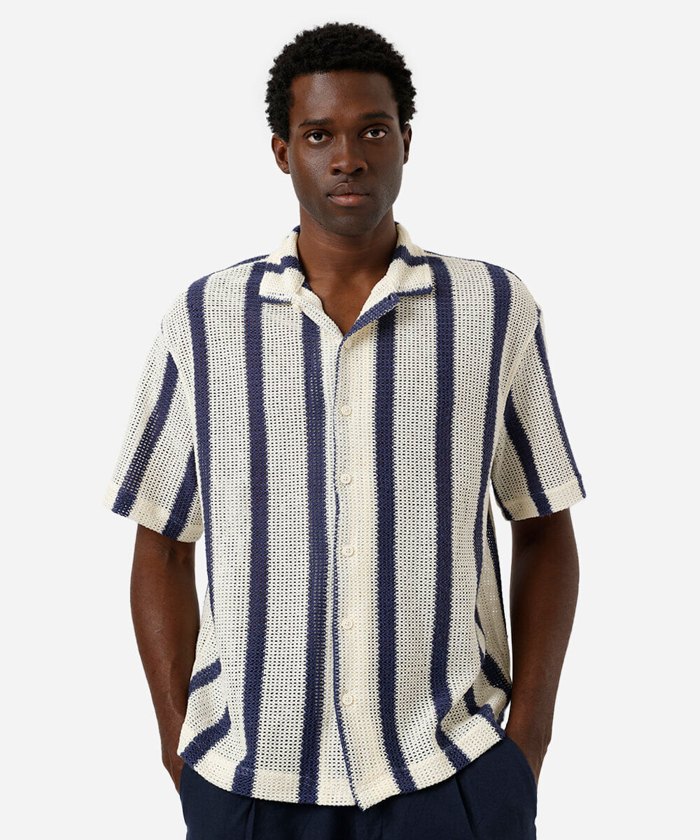 camisa masculina de tricot manga curta listrada off white