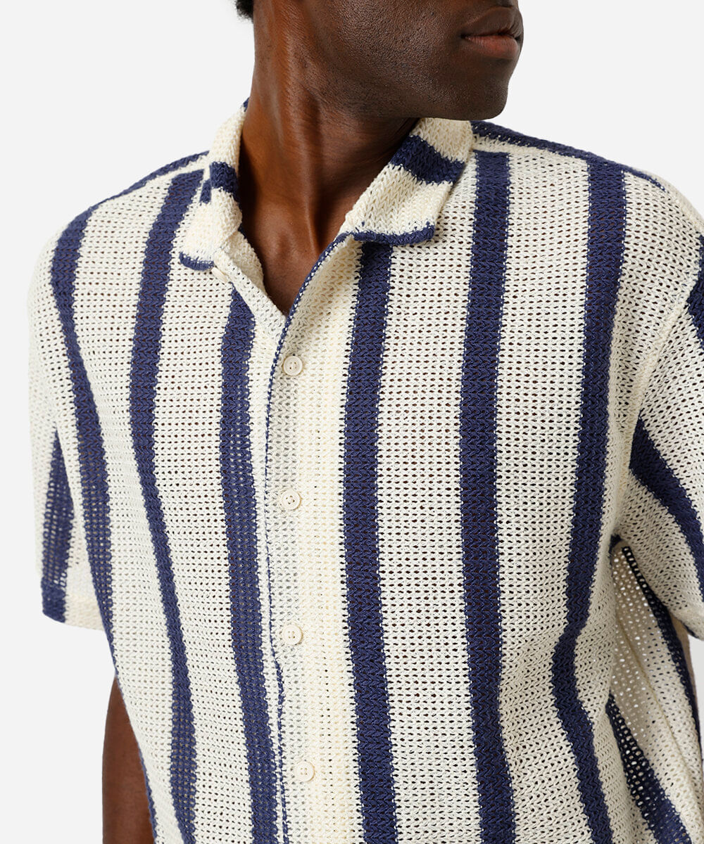 camisa masculina de tricot manga curta listrada off white