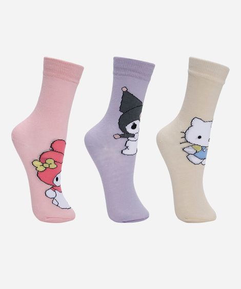 kit de 3 meias infantis cano alto hello kitty colorida