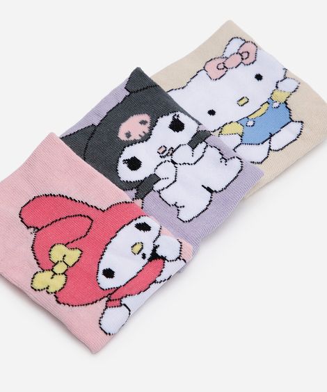 kit de 3 meias infantis cano alto hello kitty colorida