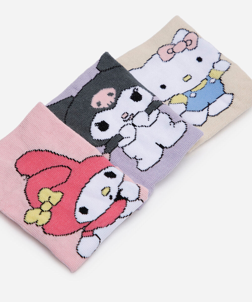 kit de 3 meias infantis cano alto hello kitty colorida