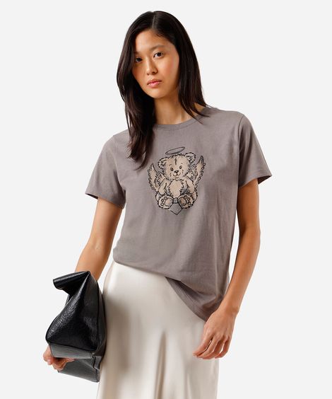 camiseta feminina de algodão ursinho cinza