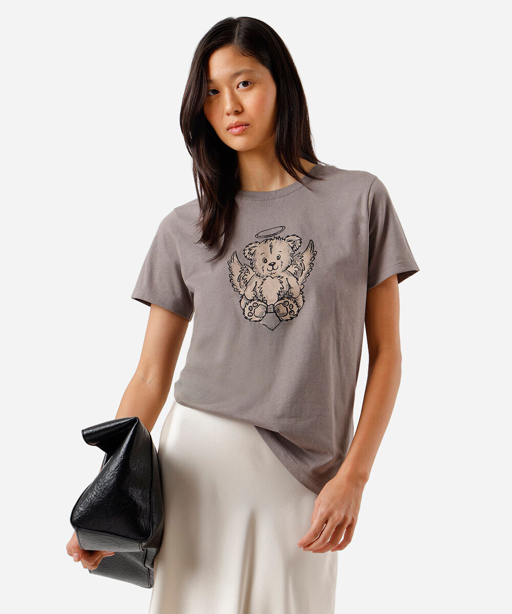camiseta feminina de algodão ursinho cinza