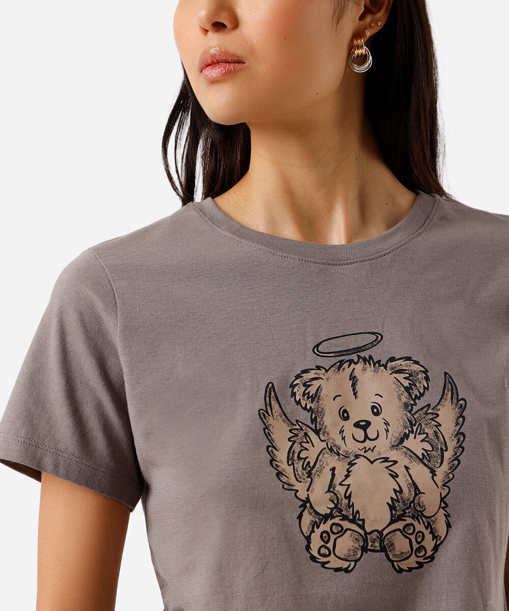 camiseta feminina de algodão ursinho cinza