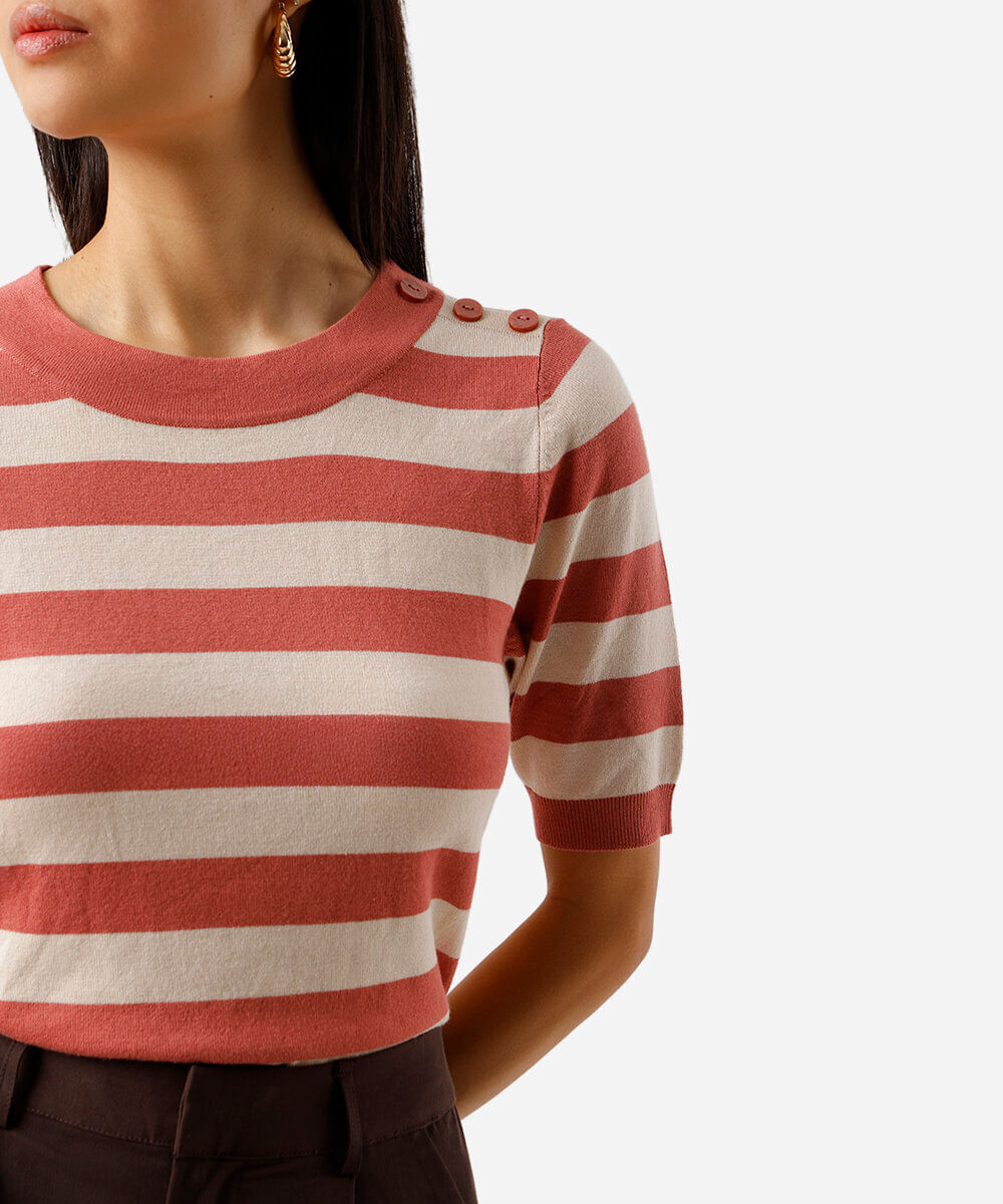 blusa feminina de tricot listrada rosa
