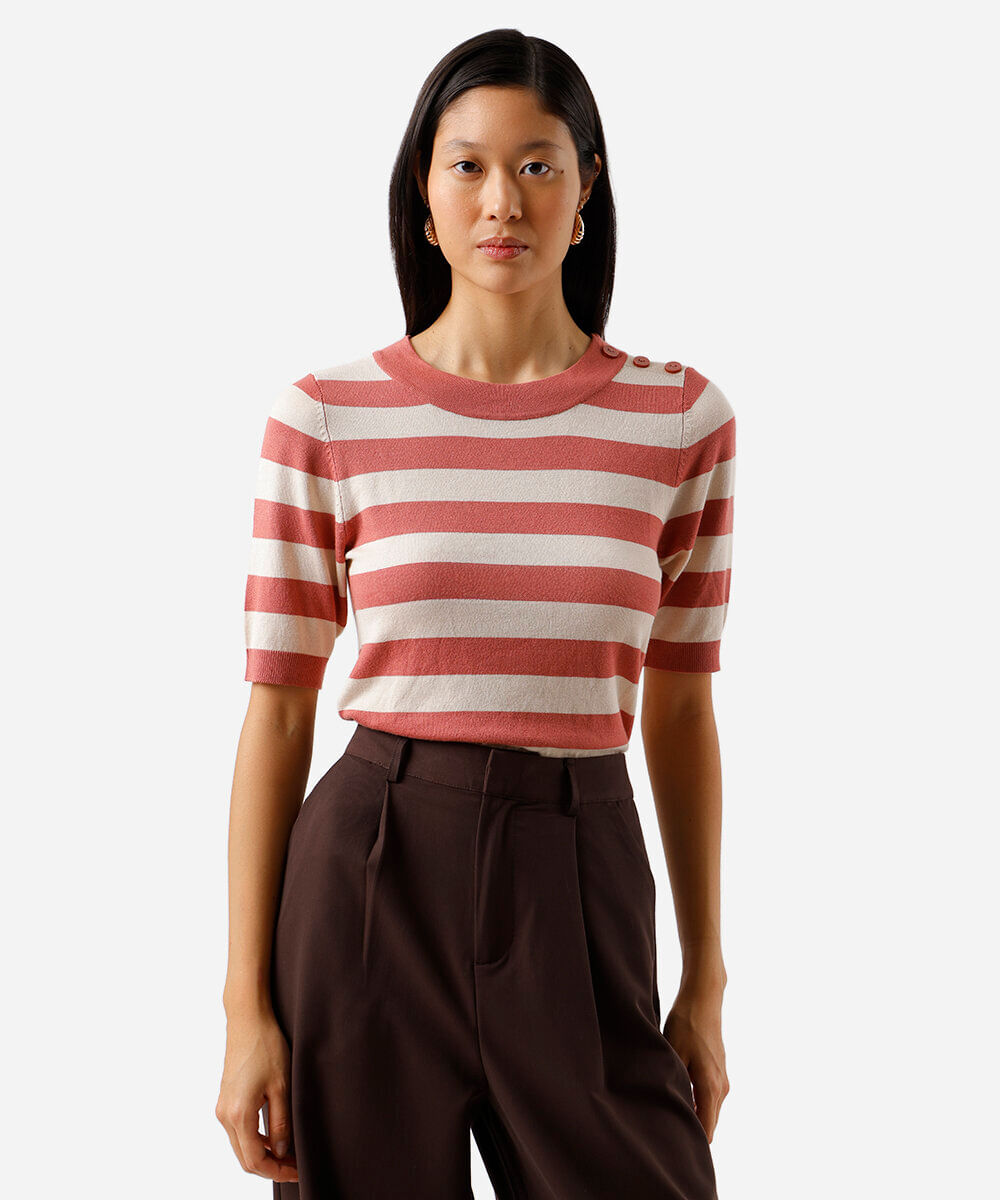 blusa feminina de tricot listrada rosa