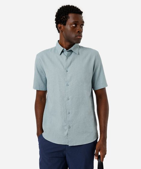 camisa comfort masculina com linho manga curta azul