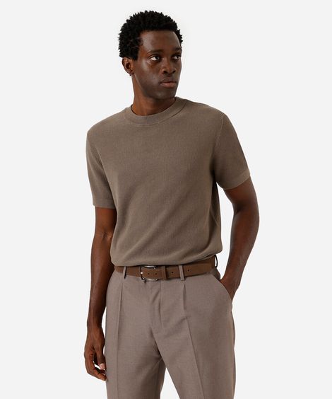 camiseta masculina de tricot manga curta bege