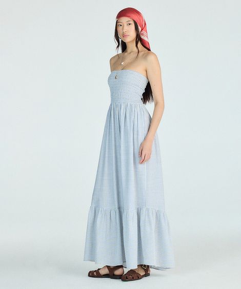 vestido longo sem alça feminino com viscose e recorte listrado azul