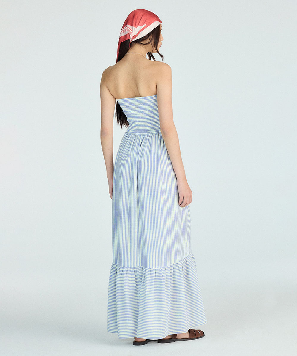 vestido longo sem alça feminino com viscose e recorte listrado azul