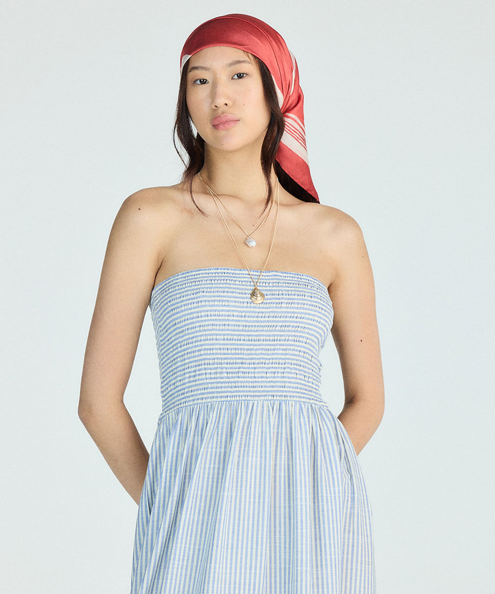 vestido longo sem alça feminino com viscose e recorte listrado azul