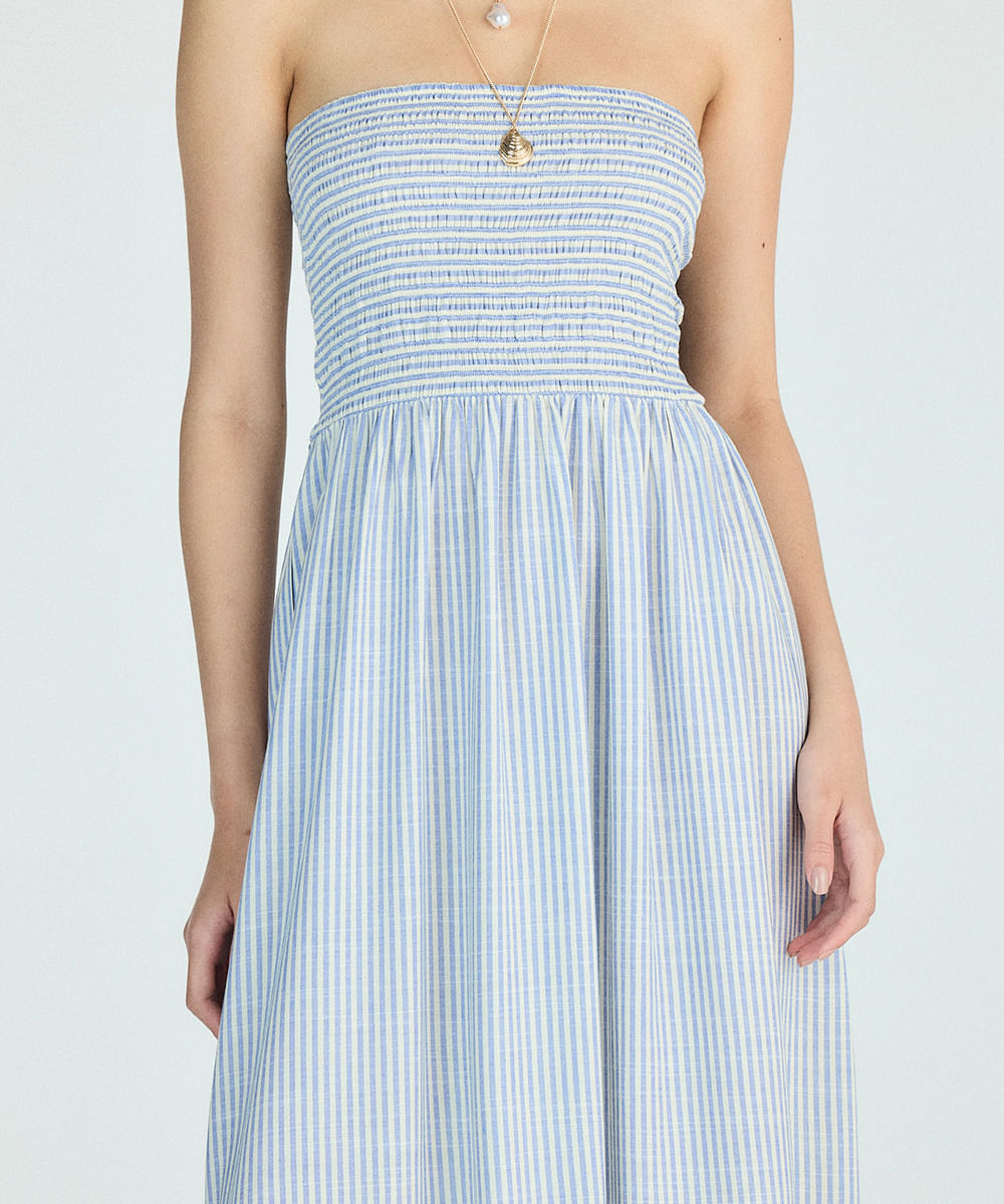 vestido longo sem alça feminino com viscose e recorte listrado azul