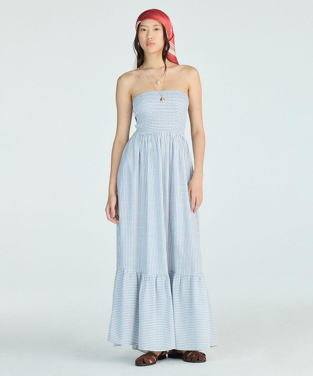vestido longo sem alça feminino com viscose e recorte listrado azul
