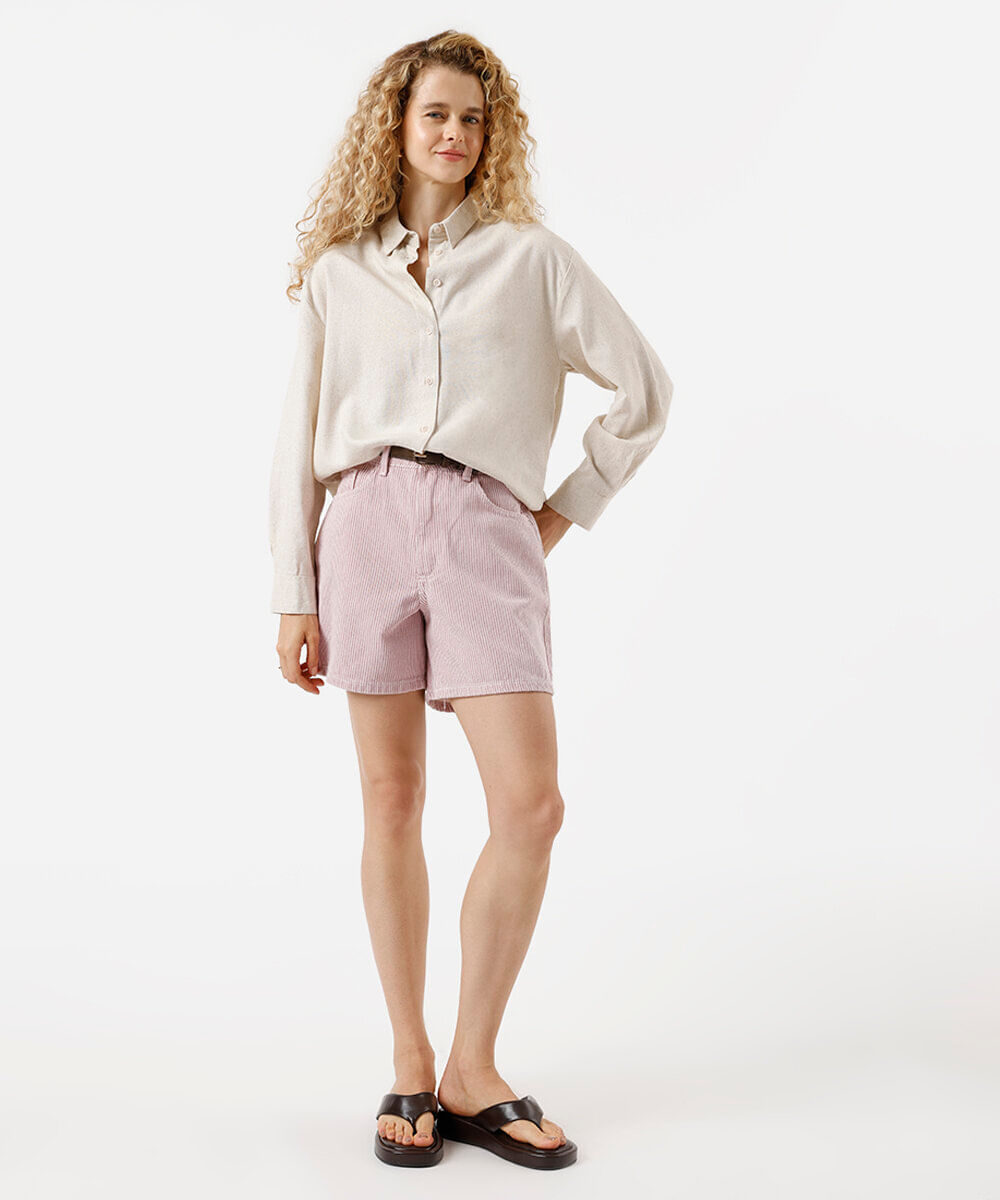 bermuda mom feminina de sarja com cinto listrada rosa