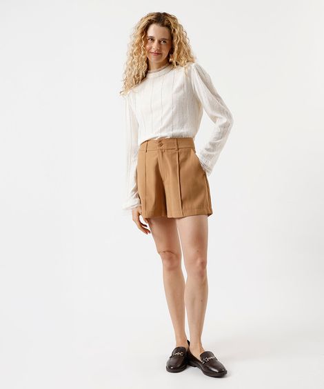 short de alfaiataria feminina com viscose e nervuras bege