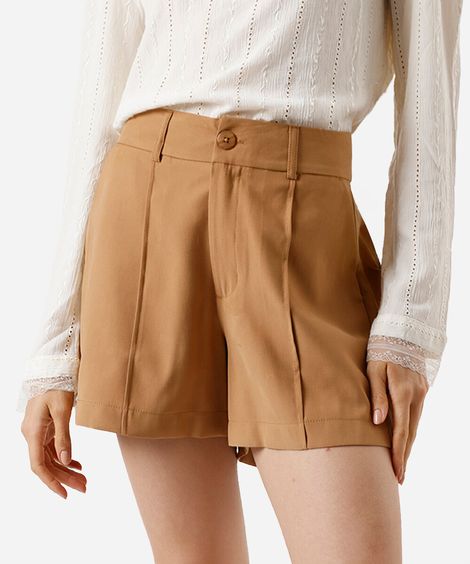 short de alfaiataria feminina com viscose e nervuras bege