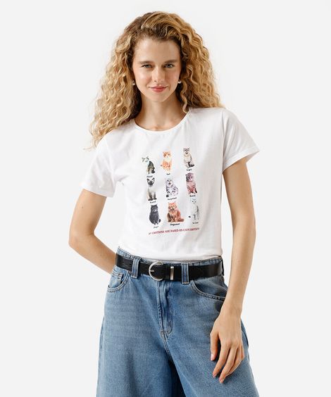 camiseta feminina de algodão gatinhos off white