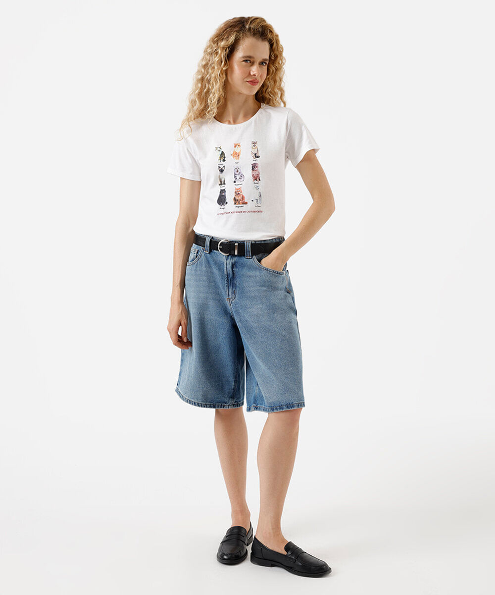 camiseta feminina de algodão gatinhos off white