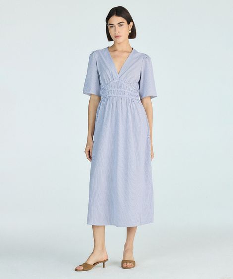 vestido midi feminino decote v manga curta listrado off white