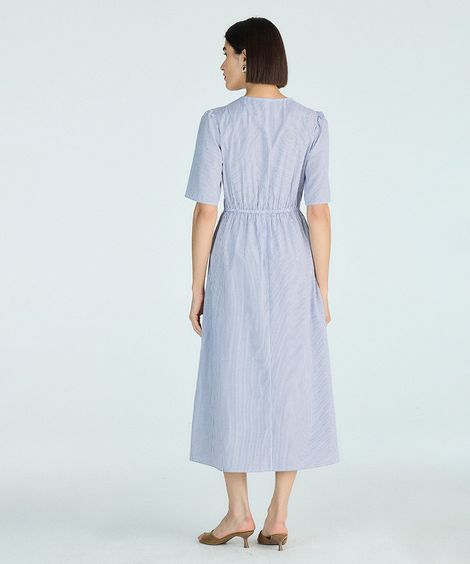 vestido midi feminino decote v manga curta listrado off white