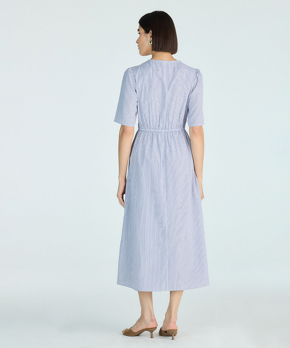 vestido midi feminino decote v manga curta listrado off white
