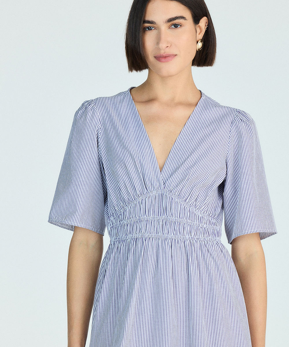vestido midi feminino decote v manga curta listrado off white